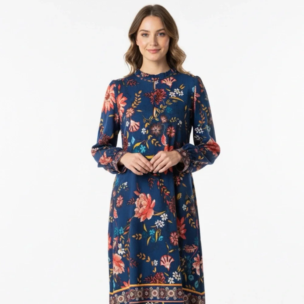 LOFT Iconic Blue Floral Long Sleeve Dress - Picture 14 of 14